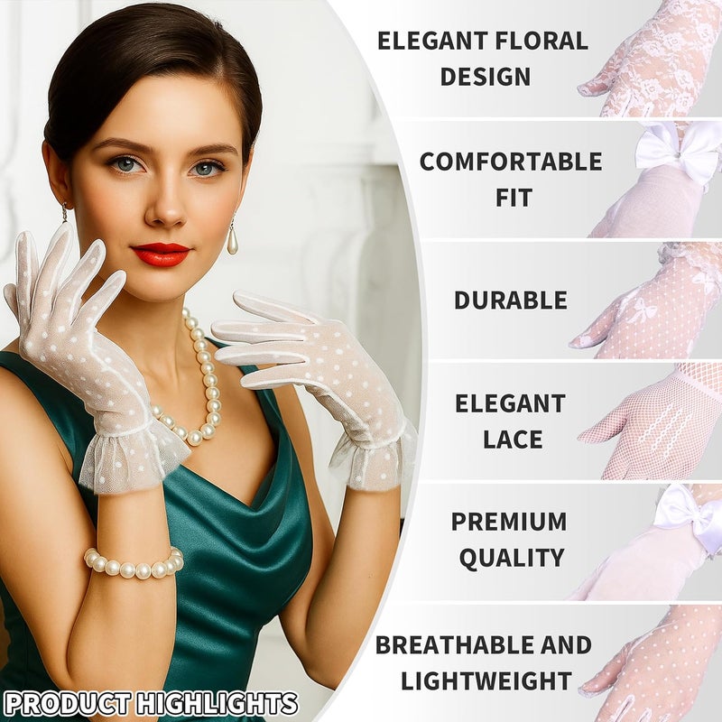 MoHern 6 Pairs Lace Gloves Women Tea Party, Gloves with Elegant Floral Design and Comfortable Fit for Ladies' Wedding Party - Image 3